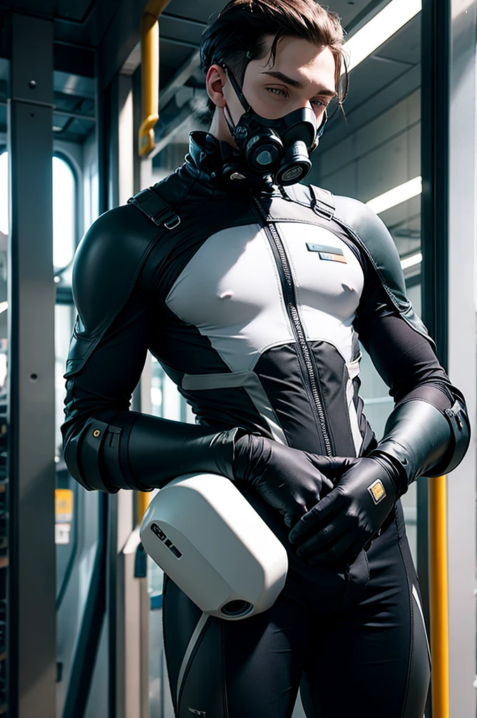 (futurista, sci fi)Male in body biochemical suit, hands visible, gas mask, obra de arte, bound hands, pale skin