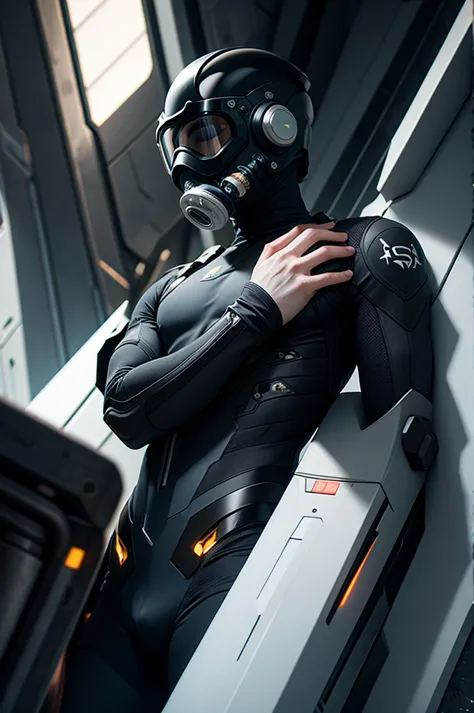 (futurista, sci fi)Male in body biochemical suit, hands visible, gas mask, obra de arte, bound hands, pale skin