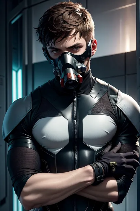 (futurista, sci fi)Male in body biochemical suit, hands visible, gas mask, obra de arte, bound hands, pale skin