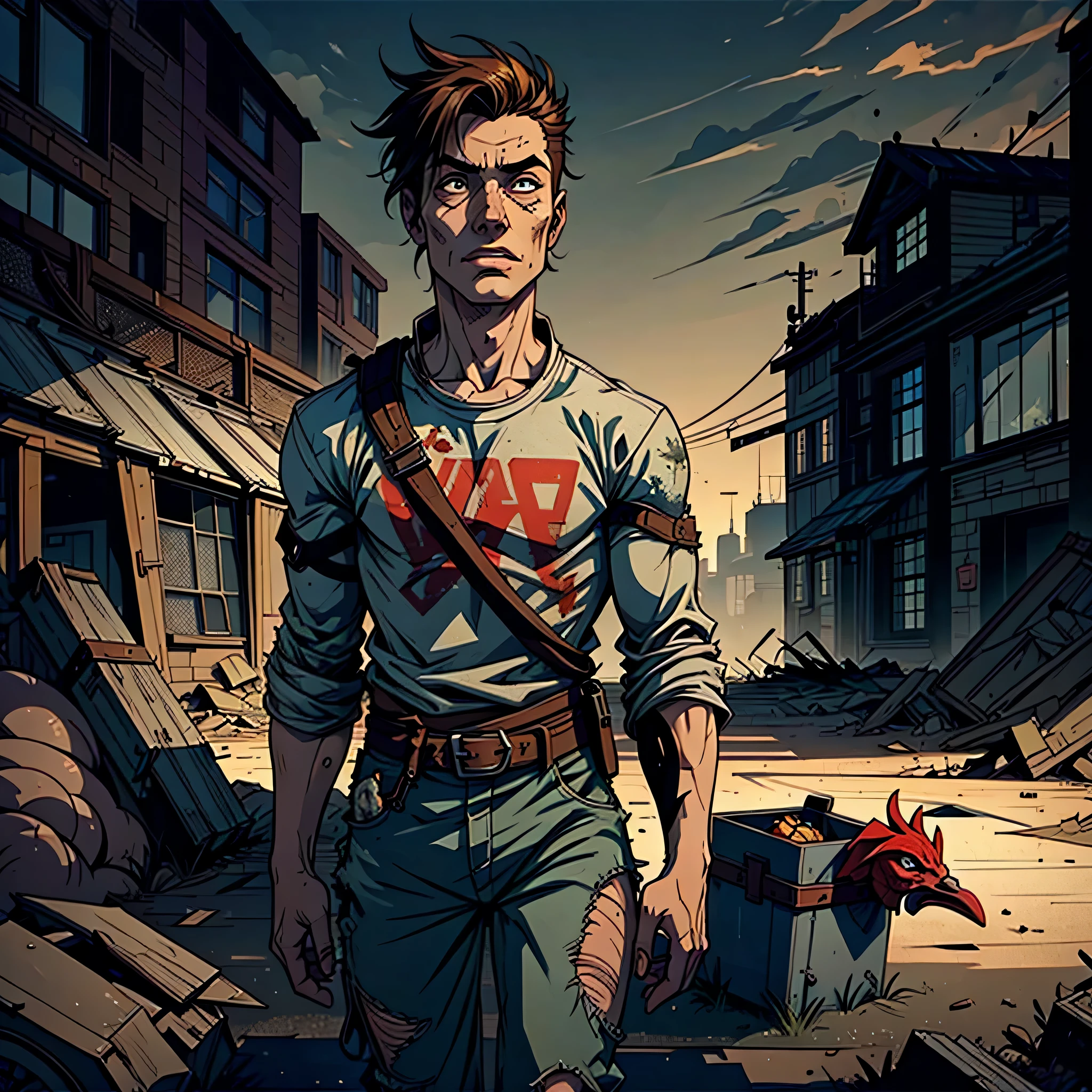 (best quality:1.2),artwork,detailed,young,boy,post-apocalyptic,zombie,hunting,chickens,colorful,illustration,desolate landscape,ruined buildings,tattered clothes,weapon,alert expression,resourceful,alone in the world,adventure,emerging from the shadows,vivid colors,dark atmosphere,ominous lighting