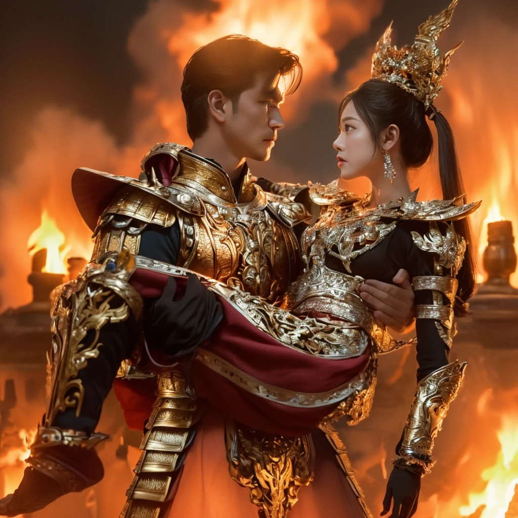 Arafed image of man and woman in armor in front of a fire., 8k movies still exist, Still from a fantasy movie, Movie promotional pictures, Still from the movieไลฟ์แอ็กชั่น, [ cinema, 8k)), The promotional movie is still there., Still images from movies, Still from the movie, The movie is still 8K., Scenes from live-action movies, trailer