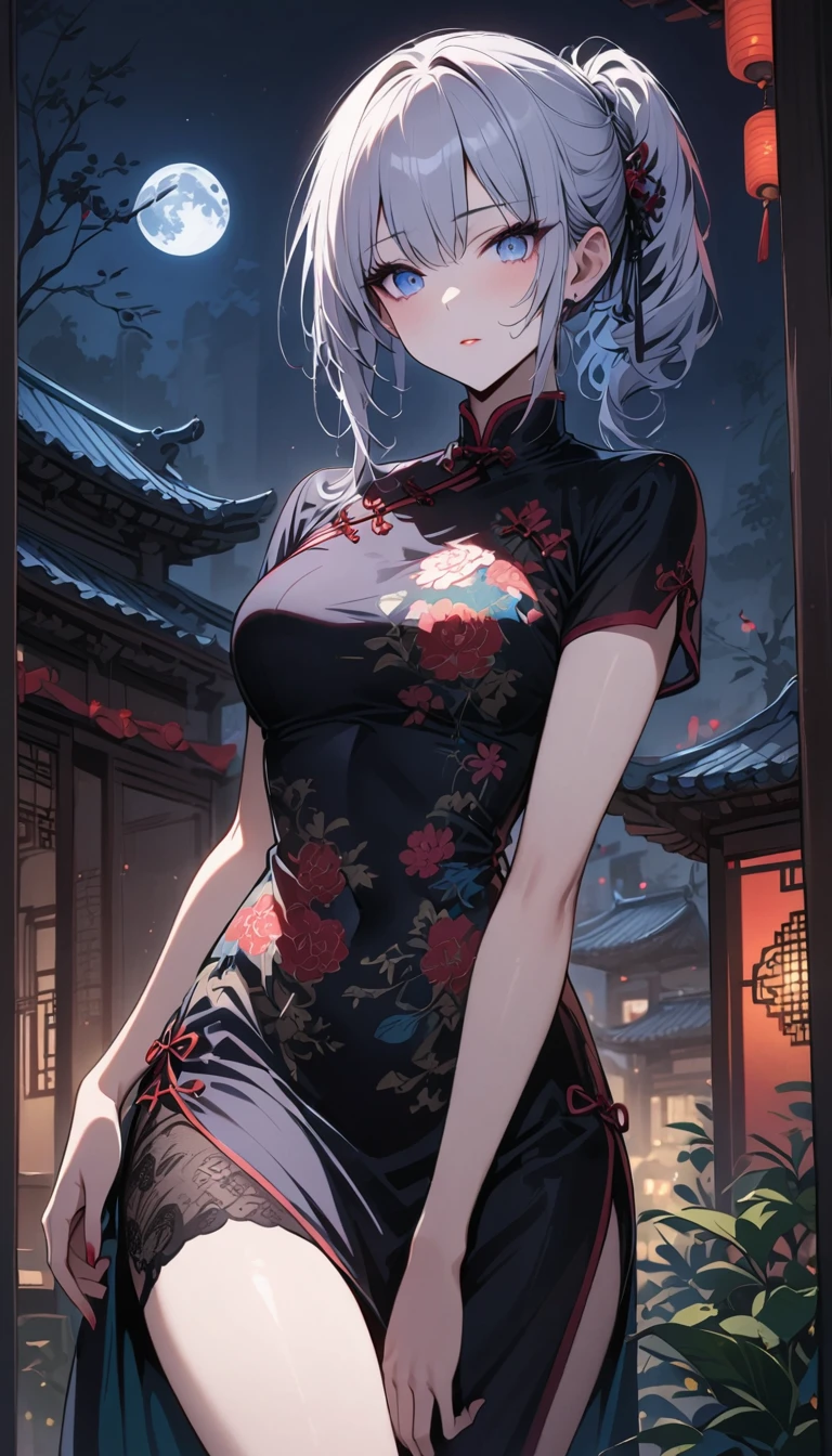 masterpiece, the best, night, full moon, 1 adult woman, Chinese Architecture, cheongsam, China costume, Royal sister, cold face, Poker face, woman with long silver hair, light pink lips, , calm, intellectuals, Three bangs, gray pupil,  street view, facial details,