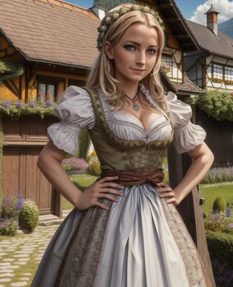 masterpiece, absurdres, fine detail, hdr, highly detailed face and eyes, photorealistic, dirndl, a woman in traditional bavarian...