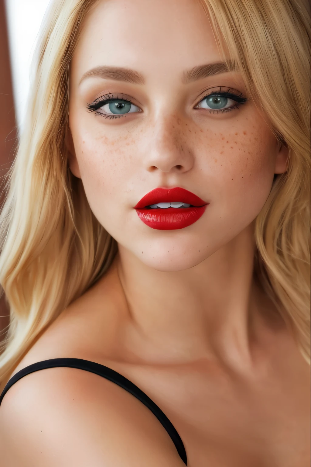 A woman with red lipstick and freckled hair posing for a picture - SeaArt AI