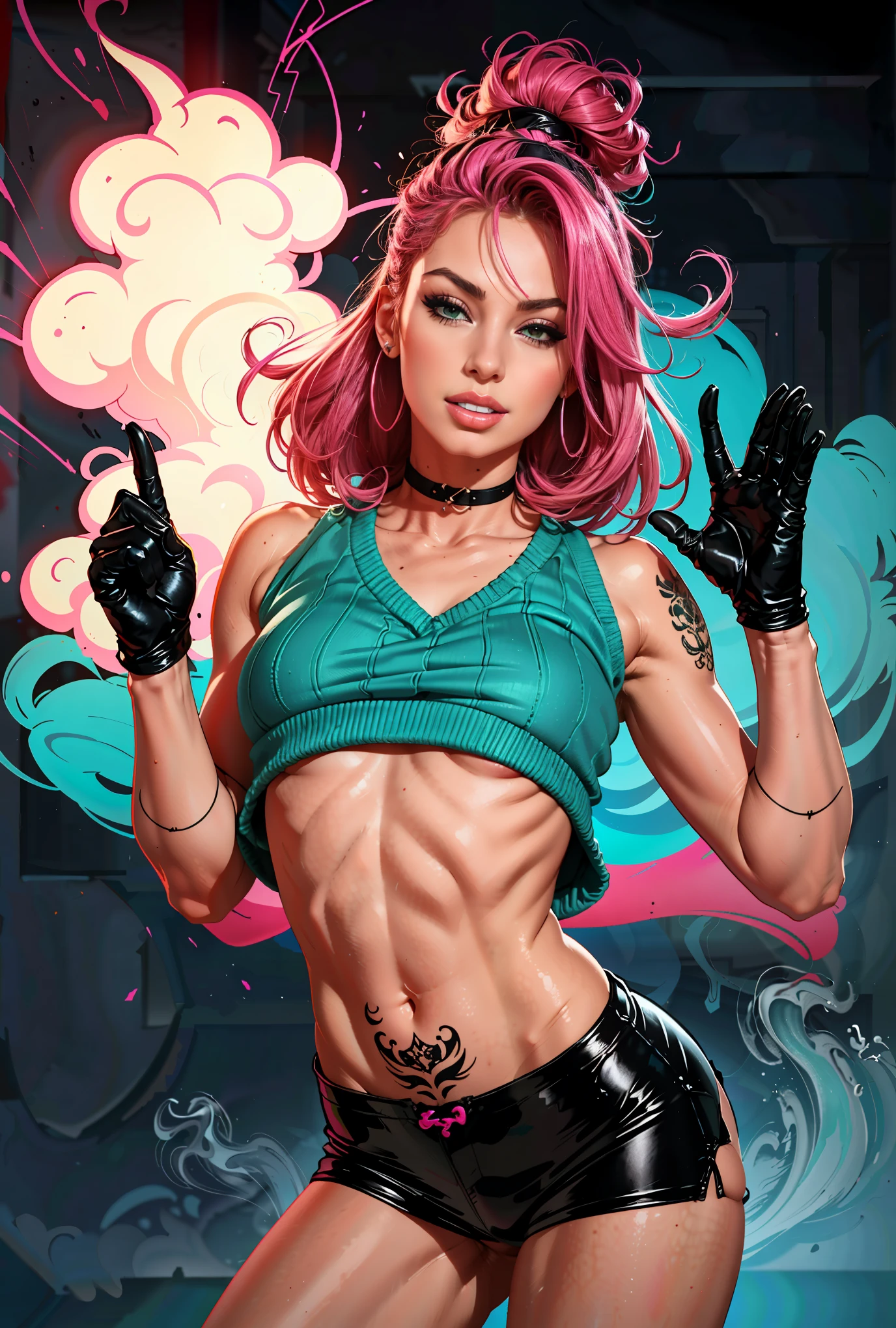 kpop girl with rizz smile face, bad ass, black gloves, bobba shake, neon cyan pink hair, tattoos on hands and neck, piercing, black mixed green striped oversized tomboy ish sweater, cool badass pose, smoke background, colorful smoke background