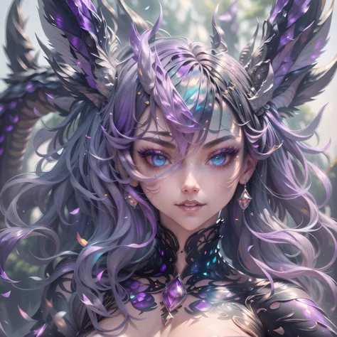 (best quality,4k,8k,highres,masterpiece:1.2, portrait), ultra-detailed, realistic, naked sexy dragon woman with violet glitterin...