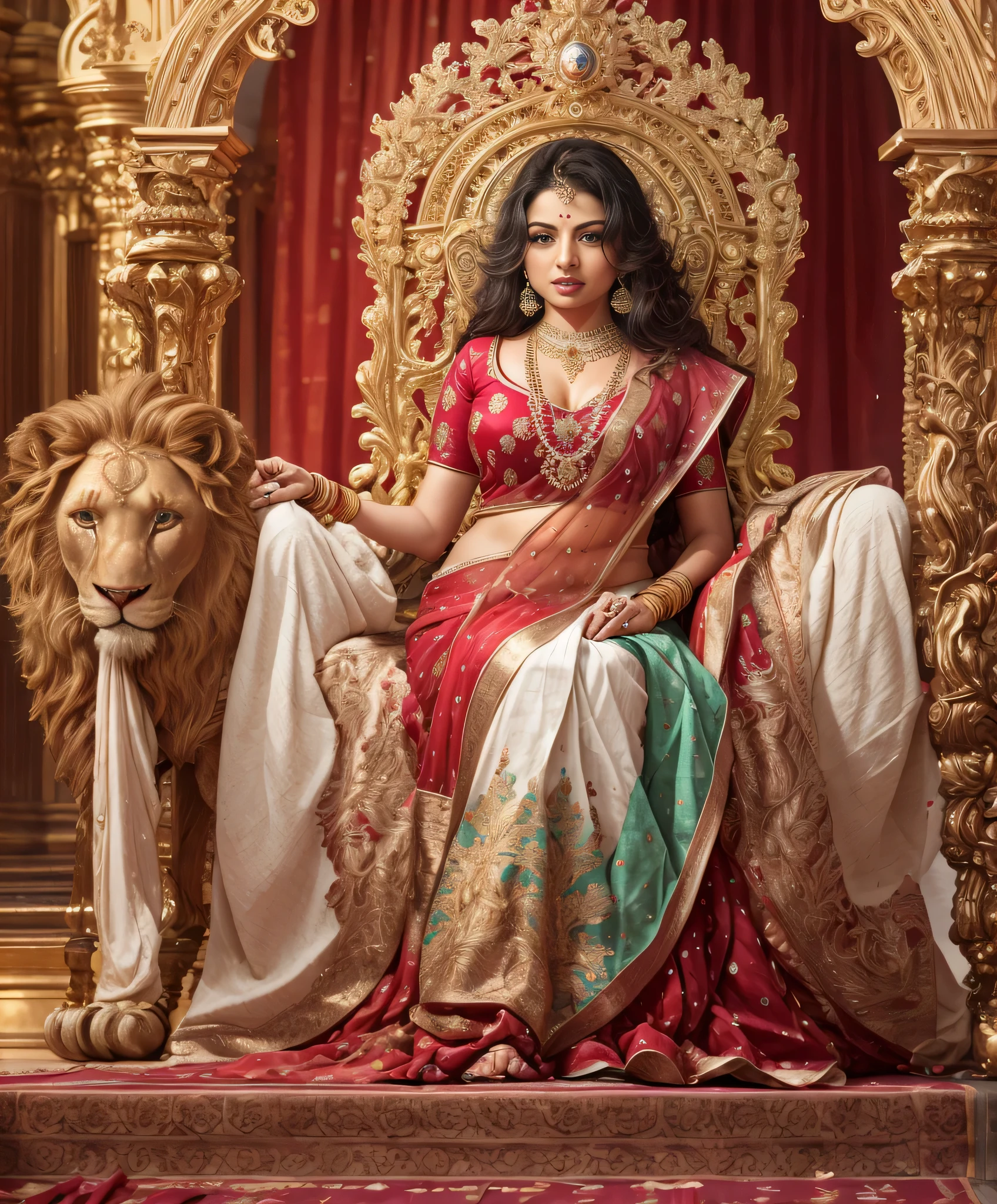 bhagyashree, Full size real photograph of a Kerala mallu busty sexy nude woman in royal throne, 8k high res render, sexy busty body, detailed skin and face , ultra real, lion symbols beside the throne, royal arena, sexy busty thighs and legs, royal look, transparent red saree, busty and cleavage, sexy lusty smile, highly detailed 8k highers render,
