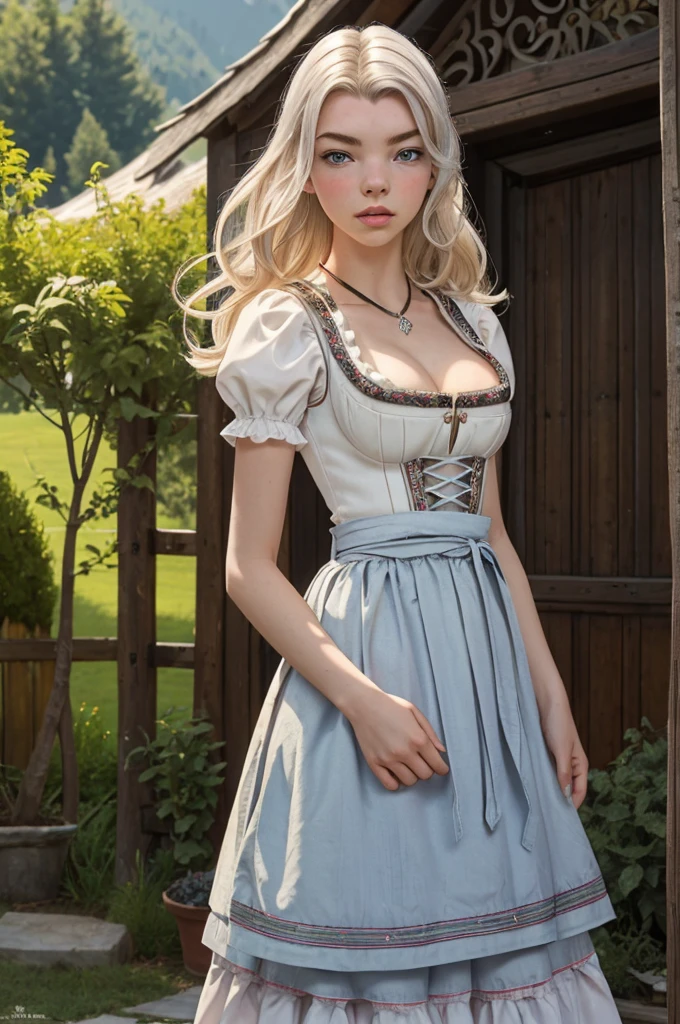 1girl, (Anya Taylor-Joy:1.2), realistic, photorealistic, graphic novel, impossible clothes, thick lips, full lips, big lips, (surprised:1.2), (shocked:1.2), [blonde hair|silver hair], two-tone hair, shiny hair, sunbeam, god-rays, bursting breasts, ambient light, rim-light, rimlighting, backlighting, realistic, (photorealistic:1.1), (lineart:0.8) irndl, a woman in traditional bavarian dress Standing poses for a picture , german woman, wearing a dirndl, Anya-Taylor-Joy
