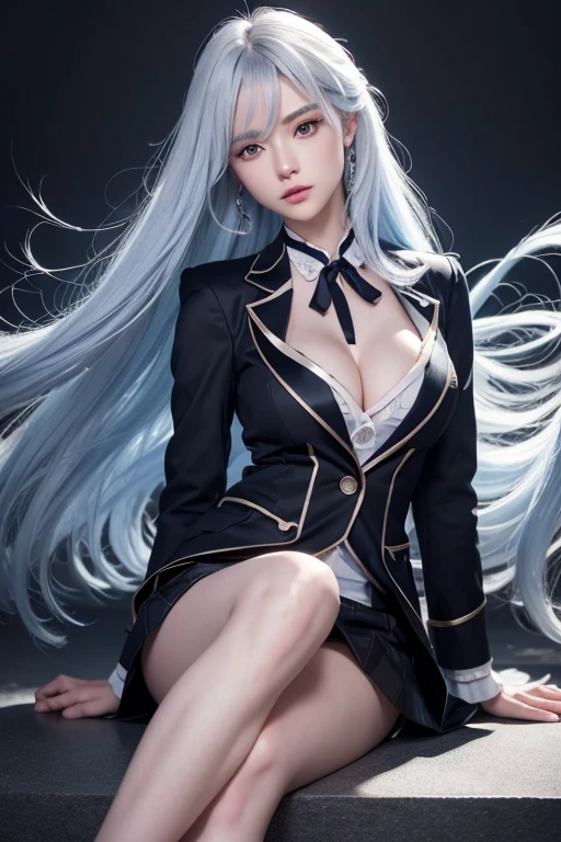 anime style、white skin、white hair、long hair、Hair with blue highlights、look up、The largest and most prominent、Colorful gas expression、seductive big breasts、woman、High-frequency detail (((sharpness))) 、( (sharp focus: 1.2))、puerosface_V1: 0.7)、(8K、highest quality)、Very large chest light)))、beautiful lighting、highly detailed face、well drawn hands、Well drawn legs、Well designed legs、exposed chest、(masterpiece: 1,2)、highest quality、masterpiece、High resolution、Original and highly detailed wallpaper、
information：Business service、Formal coat、Formal Wear、Jacket、black clothes、tie、Closed shirt