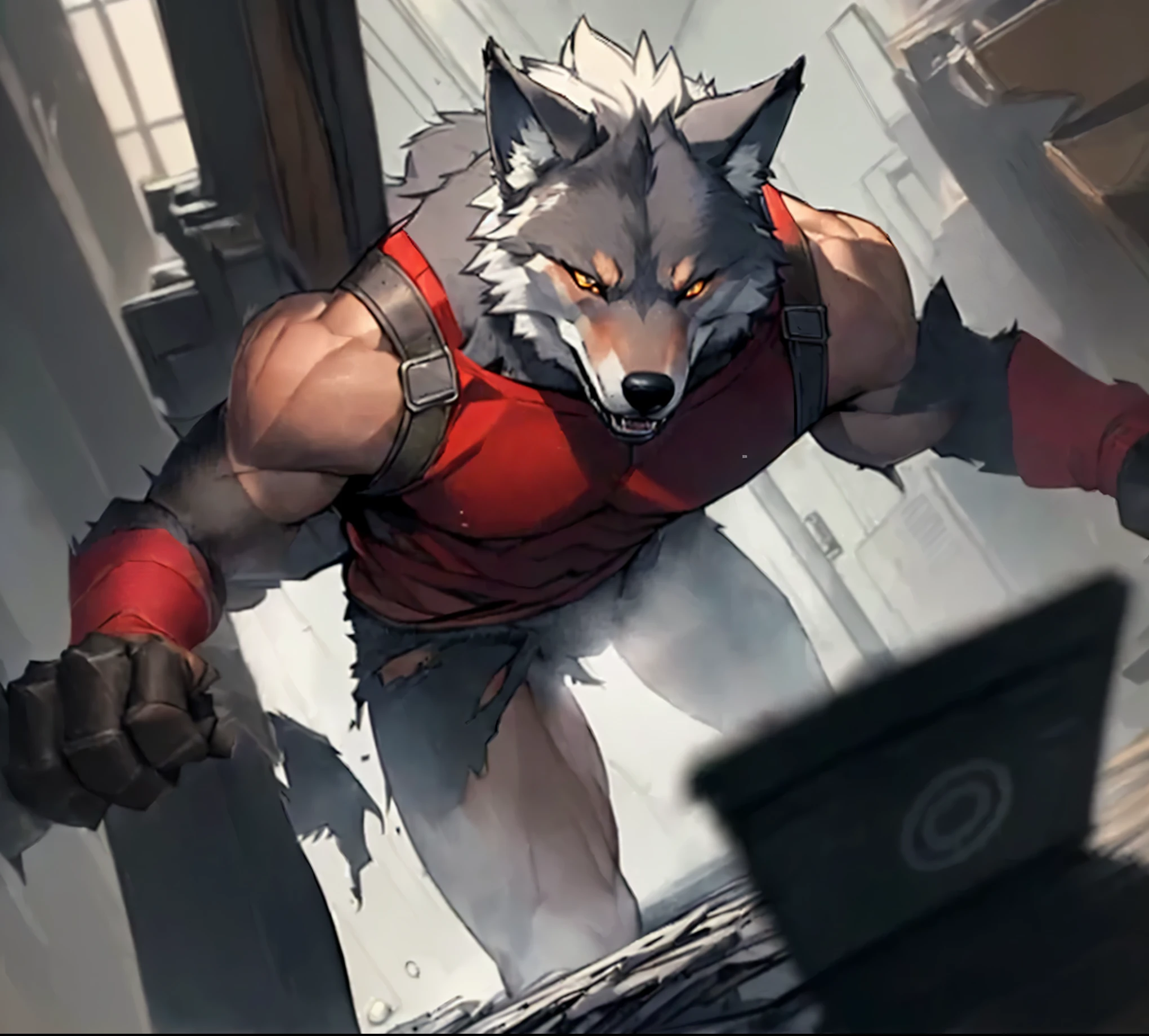 There is a man with a wolf head and a red shirt - SeaArt AI