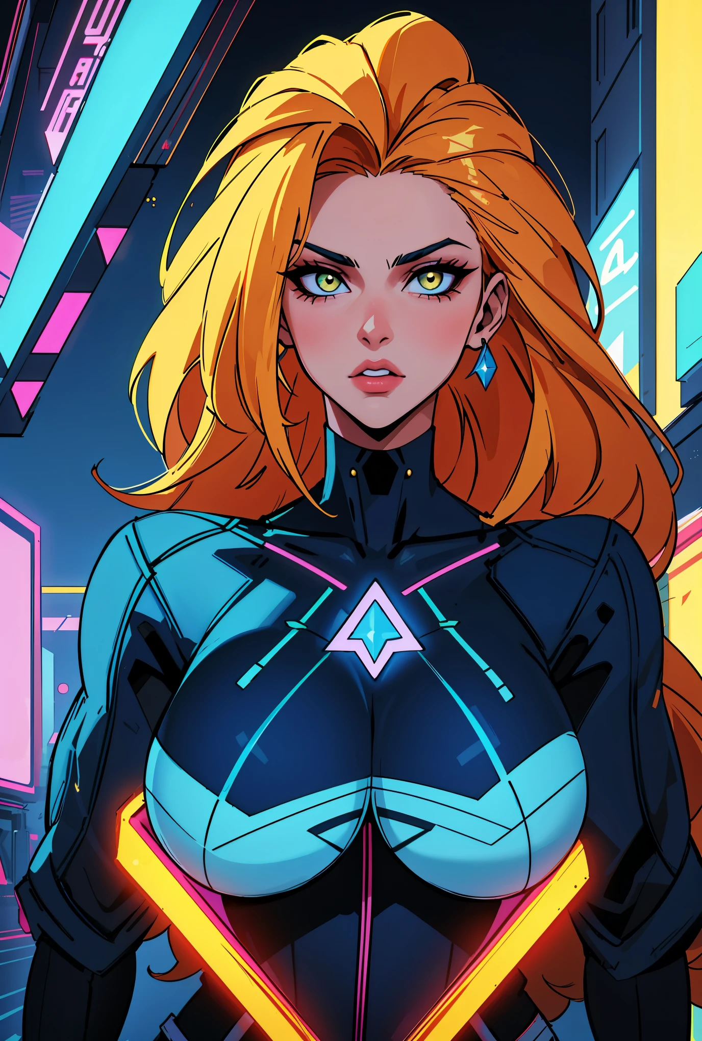 a digital painting of a woman with royal blue and yellow hair, wearing xmen rogue clothes, behance contest winner, afrofuturism, synthwave, neon, glowing neon, huge breast