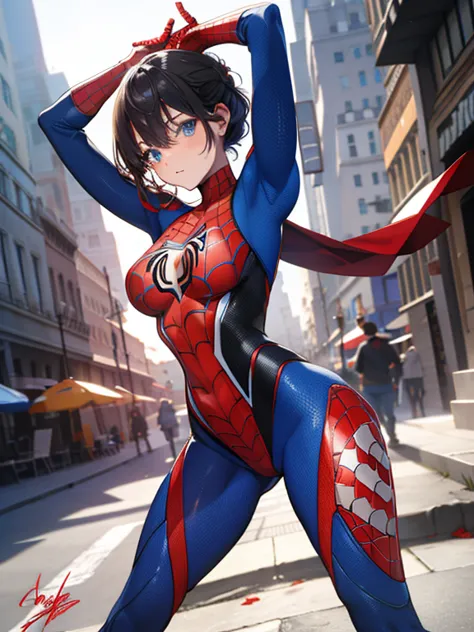 （（（optimal quality））），（（（superdetailed））），（（（masterpaintinganga book））），Cool female superhero，Female Spider-Man，sexy pose, stand...