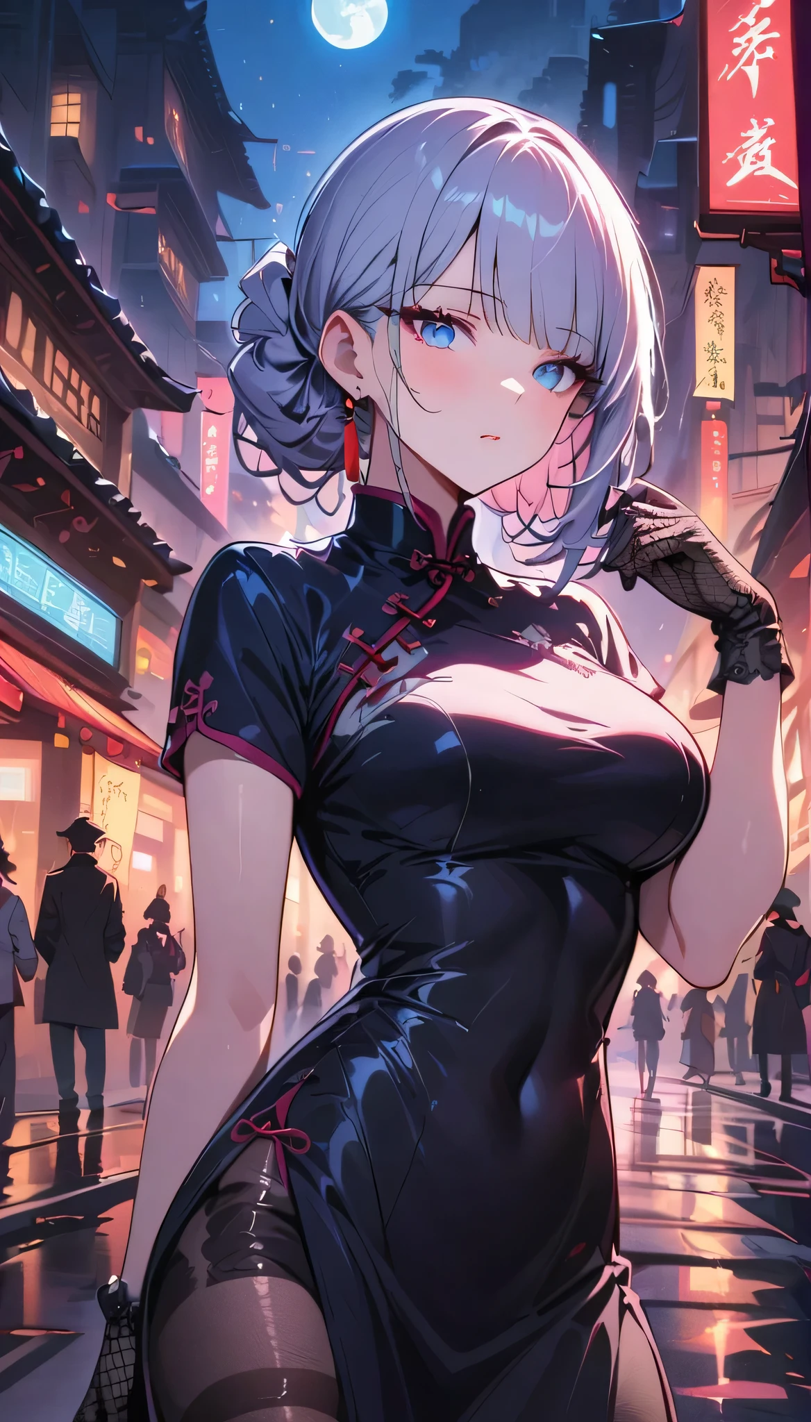 masterpiece, the best, night, full moon, 1 adult female, chinese architecture, China dress, chinese costume, royal sister, cold face, poker face, Woman with long silver hair, pale pink lips, Fishnet tights, Calm, Knowledgeable person, three bangs, lace gloves, blue eyes, Street view, facial details,