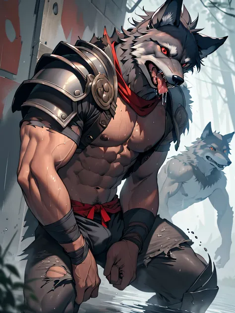 nsfw, ((((High resolution, best quality, masterpiece, high detailed)))), ((Hungry Wolf, anthro, muscular wolf, furry)), red eyes...