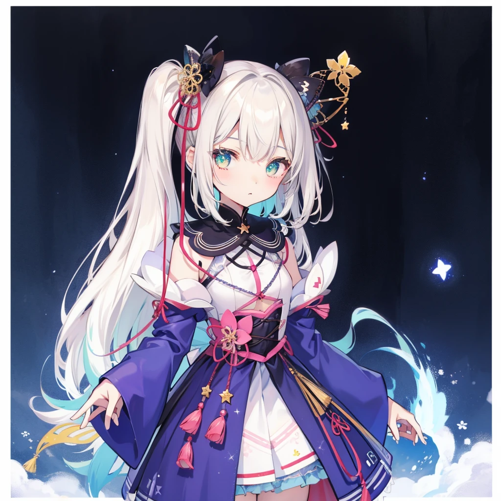 1fille、vtuber-fullbody、étoile Fairy、chef-d&#39;œuvre、art officiel、Super détaillé、super belle、かわいいétoile Fairy、cheveux courts et raides blancs、voie Lactée、univers、charme étoile、étoile、visage de bébé、Bottes hauteur genou、Robe à motif japonais、Une belle fille portant des vêtements noirs et blancs qui sont un remake d&#39;un yukata.、universを思わせるOïranフリルドレス、Oïran、fond simple、fond vert、