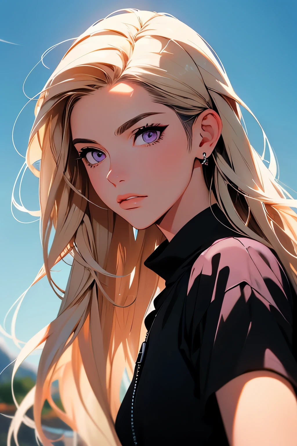 2d illustration, アニメ, a painting portrait in fine arts, in manhwa style, Bishamon from noragami, 1girl, blond long hair, big hair, purple eyes, makeup, (m1n1jello:0.6), top cut, sweatshirt, muscular, Broad Hips, breasts big, thick-thighs, standing, gazing at viewer, sitting down, in garden, Scrawny, 苗条, gazing at viewer, (work of art), (best qualityer:1.2), absurderes, details Intricate, (highly detailed skin:1.2),, photorrealistic, Beautuful Women, best qualityer, (work of art:1.3), cloused mouth, gazing at viewer,(high-detailed face:1.face perfect, fleshy lips, Negative Base 2.0,,jewerly