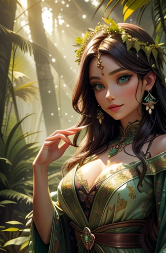 A Poderoso, Ethereal woman, sensual,  cercado por um antigo, enchanted floresta. She wears flowing green and brown sensual clothing, adornado com folhas e vinhas. Your eyes are piercing and green like emeralds, e ela longa, cabelos escuros fluem de forma sensual ao vento. She holds a twisted stick, covered in moss and lichen. The floresta around her is alive and vibrant, with imposing trees, samambaias exuberantes e flores silvestres coloridas. The atmosphere is peaceful and serene, sensual,  with sun rays filtering through the treetops,  Fantastic sensual Reality, sensual Guardian, floresta, Natureza, Magia, sensual ethereal sensual, Poderoso, sereno --auto --style 2.Imagine 5D - 