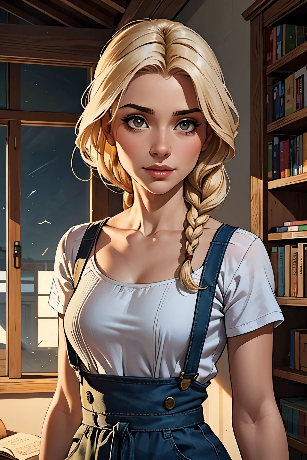 standing alone, 1 girl, work of art, best qualityer, extremely detaild, cinematic lighting, intricate-detail, high resolution, offcial art, beautiful face and finely detailed eyes, high resolution illustration, 8k, dark intense shadows, overexposure, [hair blonde/chestnut hair], single braid, blue colored eyes, cups, presumptuous, sitting down on chair, trunk, breasts big, white shirts, yellow suspenders, Boken_battery, bookcase, ((vine)), Pink, gazing at viewer