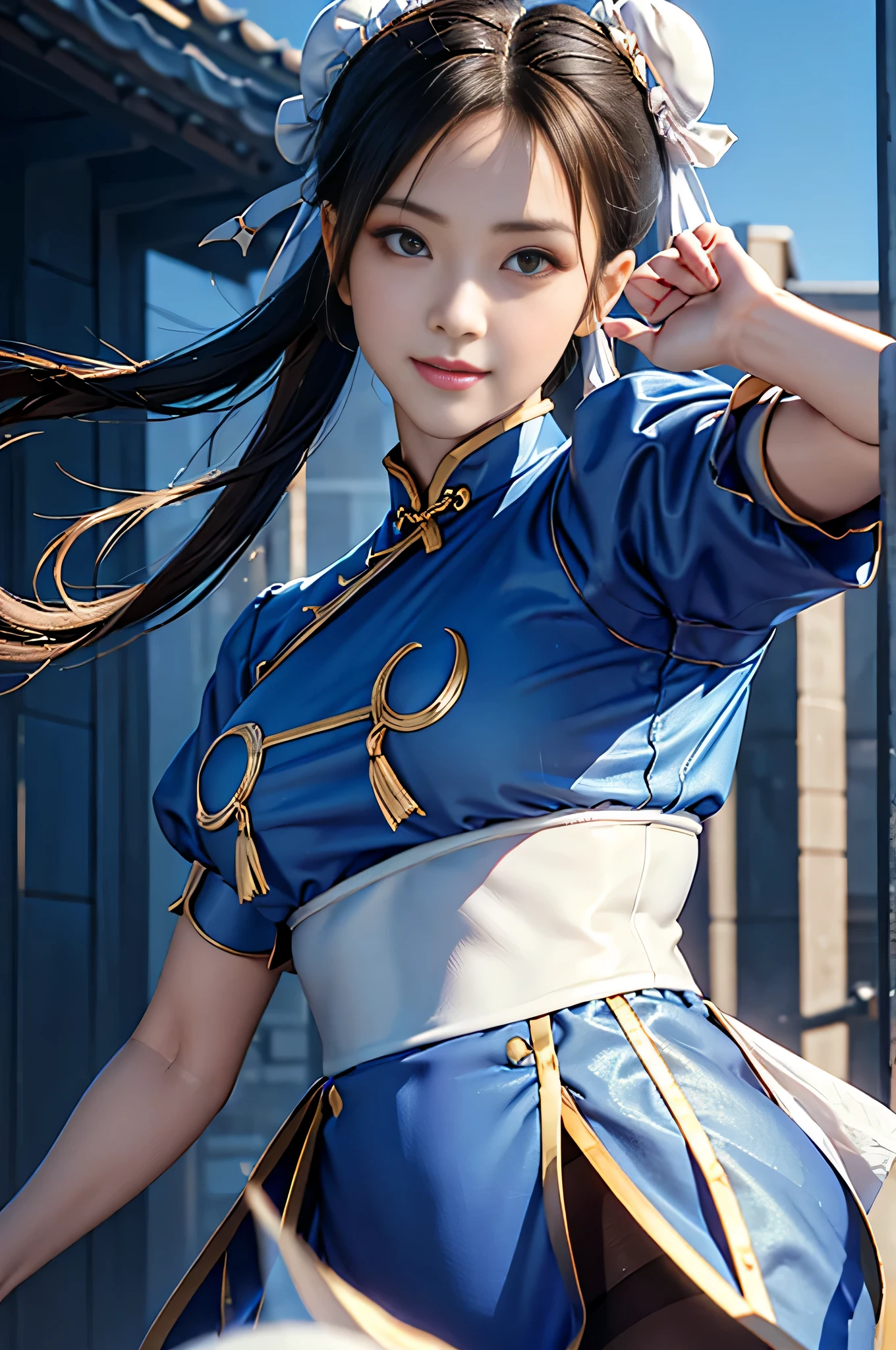 Chun-Li de Street Fight II,fantasia perfeita de chun li,cheongsam azul com linhas douradas,cabeça de coque,Boa cobertura,pose de luta,obra de arte、1 linda garota、Olhos finos、Olhos inchados、mais alta qualidade, 超Alta resolução, (realidade: 1.4), iluminação de filme、japonês、beleza asiática、coreano、Super lindo、pele bonita、corpo vira para frente、close do rosto、(super realidade)、(Alta resolução)、(8K)、(Muito detalhado)、(Beautiful and Olhos finos)、(super detalhado)、 (parede-)、rosto detalhado、iluminação brilhante、Iluminação Profissional、olhando para o espectador、Olhe para frente、franja inclinada、Ídolo Nogizaka、ídolo coreano、obra de arte, mais alta qualidade, obra de arte, mais alta qualidade, Rosto Perfeito, olhos castanhos perfeitos com esclera branca, Bad move - 5, sozinho, 1 garota, tronco, cabelo castanho, Do SF2, Serviço chinês, sorriso, mulher musculosa, Roupas azuis, meia calça, cortina pélvica, Mangas curtas rechonchudas, Boa cobertura, faixa, avaliação:segurança