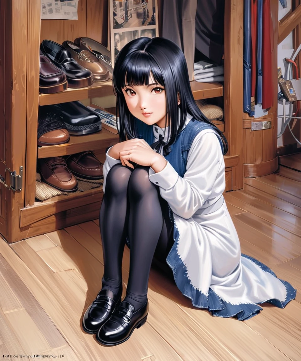 (masterpiece: 1.2, highest quality), realistic, (realistic Picture, intricate details, Depth of the bounds written), Hanabi, 1 girl, alone, pantyhose, black hair, dress, sitting, long sleeve, Put your own hands together, black dress, looking at the viewer, black footwear, black pantyhose, shoes, smile, traditional media, full body, bangs,