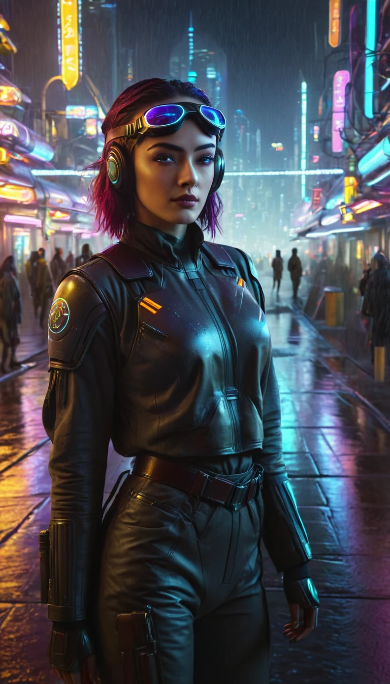 extremely detailed eyes,strong and confident stance,vibrant colors,dramatic lighting,futuristic concept art,cyberpunk style,neon lights,metallic textures,(best quality,4k,8k,highres,masterpiece:1.2),ultra-detailed,(realistic,photorealistic,photo-realistic:1.37),HDR,UHD,studio lighting,ultra-fine painting,sharp focus,physically-based rendering,professional,vivid colors,bokeh,portraits,landscape,horror,anime,sci-fi,photography,concept artists,colored lights,reflection,gleaming surfaces,cityscape,advanced technology,colorful holograms,mysterious atmosphere,luminous signs,dystopian future,vibrant cybernetics,futuristic fashion,glowing urban environment,wet streets,nighttime rain,high-tech goggles