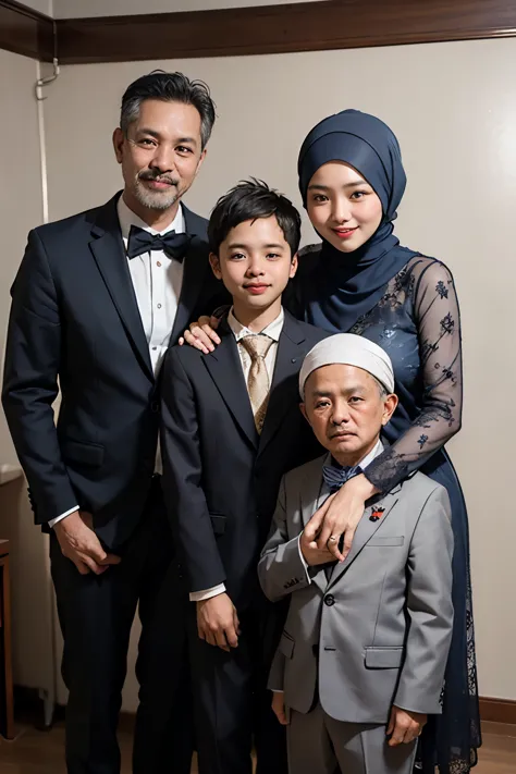 photo of an Indonesian family of 3 people, a 50 year old father with slightly gray hair sitting with a 45 year old mother wearin...