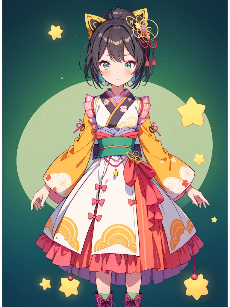 1girl、vtuber-fullbody、star Fairy、masterpiece、official art、Super detailed、super beautiful、かわいいstar Fairy、white straight short hair、Milky Way、universe、star charm、star、baby face、Knee-high boots、Japanese pattern dress、A beautiful girl wearing black and white clothes that are a remake of a yukata.、黒と紺色のuniverseを思わせるoiranフリルドレス、oiran、simple background、green background、no body,