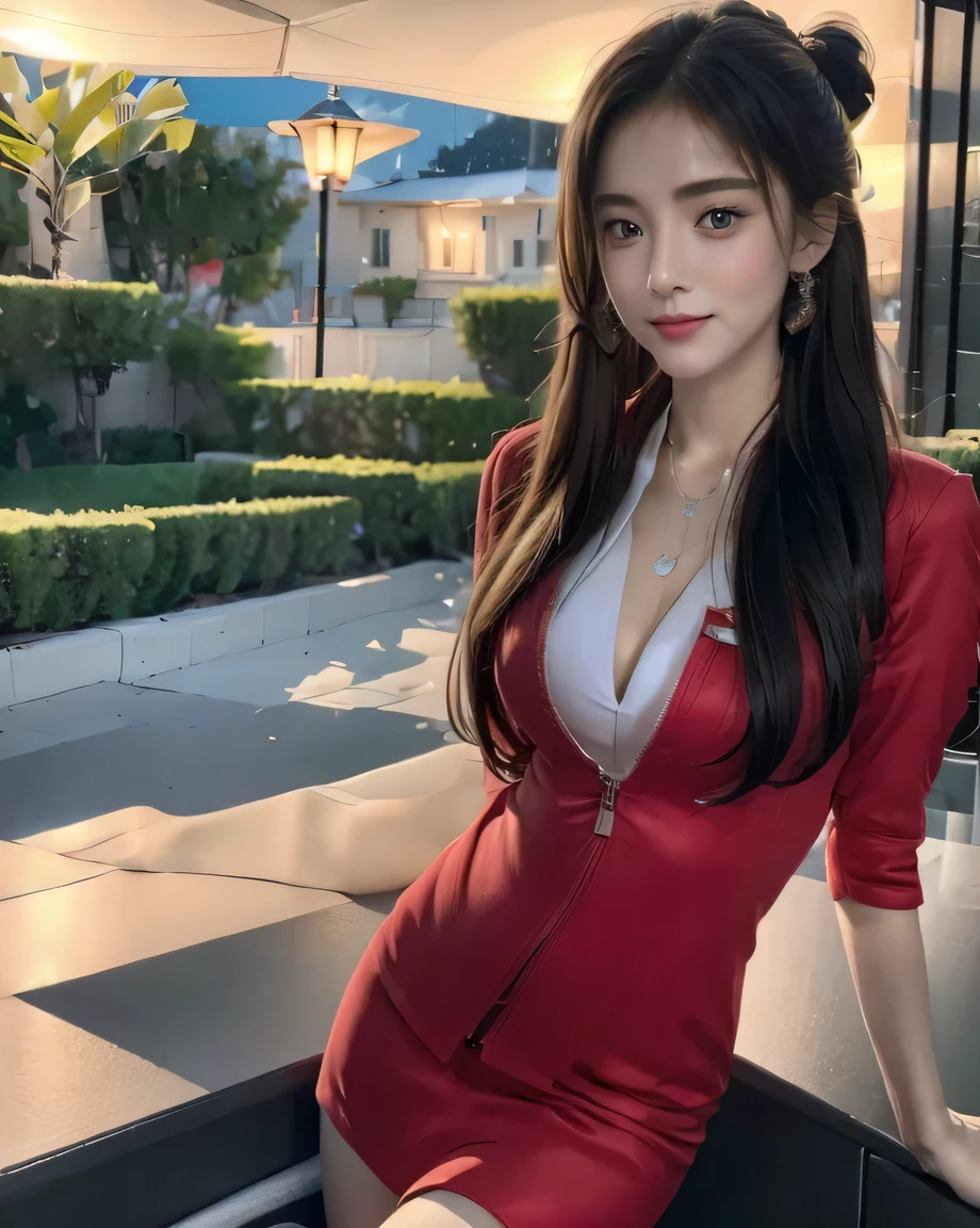 (masterpiece:1.2, highest quality:1.2), 32K HDR, High resolution, (alone, 1 girl), （Ultra-realistic portrait of an AirAsia stewardess in uniform）, neat woman, beautiful face, dark brown hair, (Long hair down to the waist), (red jacket:1.1, Unzipped jacket, unbuttoned white shirt:1.05, red mini skirt:1.1, pantyhose), perfect slim body:1.1, big breasts, huge cleavage, （show cleavage), detailed skin texture, fine eyes, (fascinating look:1.2), forward leaning posture:1.5、necklace、earrings、(Night view background, bright lighting),blue eyes、show your ears、Don&#39;t cover your ears with hair、long shot