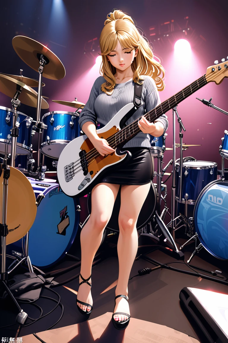 (highest quality,4k,High resolution,masterpiece:1.2),Super detailed,realistic:1.37,Portrait,blonde ponytail,curly hair,beautiful face,shy,1 girl,23 years old,(scene,Standing position,take your feet apart,raised one leg,musician,gray knitwear,Skirt flips up,Play the electric bass),(stage,professional lighting,drum set,guitarist),big breasts,beautiful butt,gorgeous thighs,(Panchira Shot,white panties,black tight mini skirt)