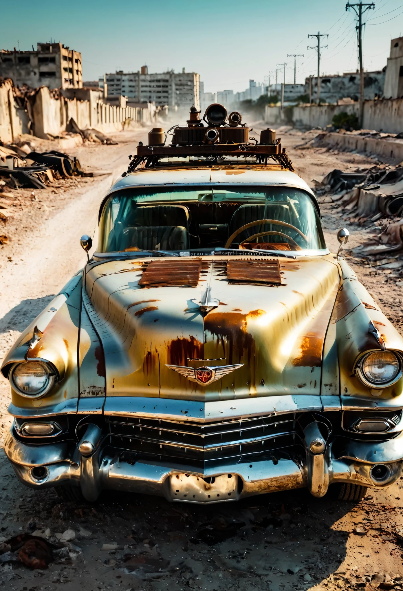 Imagen fiel de un viejo cadilac eldorado oxidado de 1955 con púas de METAL en el capó., vehículo de guerra, CON MUCHAS ESPINAS ALREDEDOR. RUEDAS GRUESAS, estilo militar con modificaciones, el coche corre en una calle suspendida sobre un paso elevado de hormigón blanco destruido en el centro de una ciudad post-apocalíptica con muchos edificios alrededor, coche steampunk, arte dramático, estilo de arte dieselpunk, Vibración apocalíptica de Road Warrior, una chica con gafas de sol está dentro del auto, la chica está sucia y herida, ella usa ropa rota y sucia, ella tiene piel realista, arte digital surreal, Inspirado en Mad Max, obras de arte de metales pesados, simetría de la cara cromada, arte steampunk digital, Él&#39;No es el estilo Mad Max., metal art, Él&#39;No es Filip Hodas.&#39; Estilo de Arte, arte digital steampunk, dieselpunk, en un mundo de alta tecnología, foto na diagonal