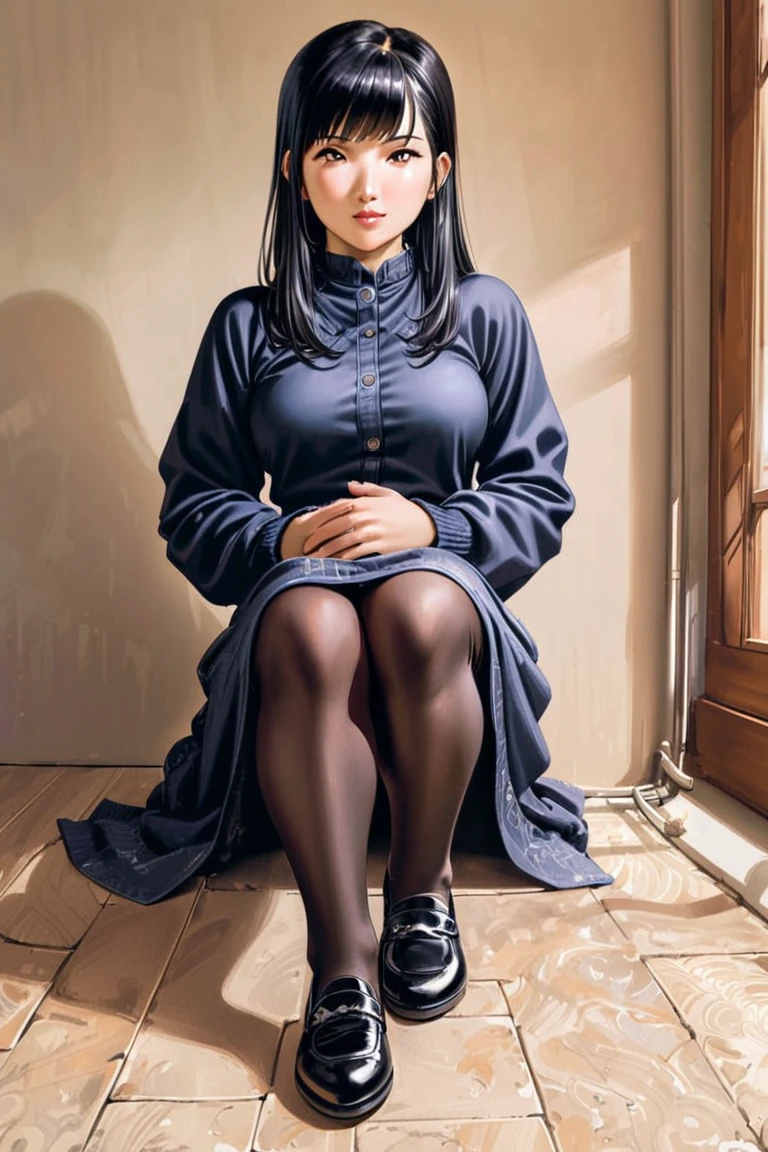 (masterpiece: 1.2, highest quality), realistic, (realistic Picture, intricate details, Depth of the bounds written), Hanabi, 1 girl, alone, pantyhose, black hair, dress, sitting, long sleeve, Put your own hands together, black dress, looking at the viewer, black footwear, black pantyhose, shoes, smile, traditional media, full body, bangs,