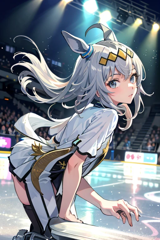 Oguri cap \(umamusume\)、figure skating、beautiful mature woman、skate hard on the skating rink、Upper body、Beautiful butt、bend over、thighs、Low - Angle