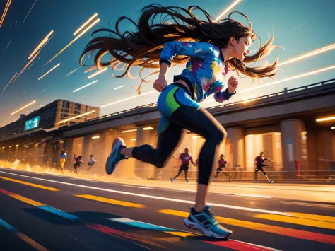 (a girl running at high speed),(oil painting),(blurred background),(best quality, realistic),vibrant colors, dynamic composition...
