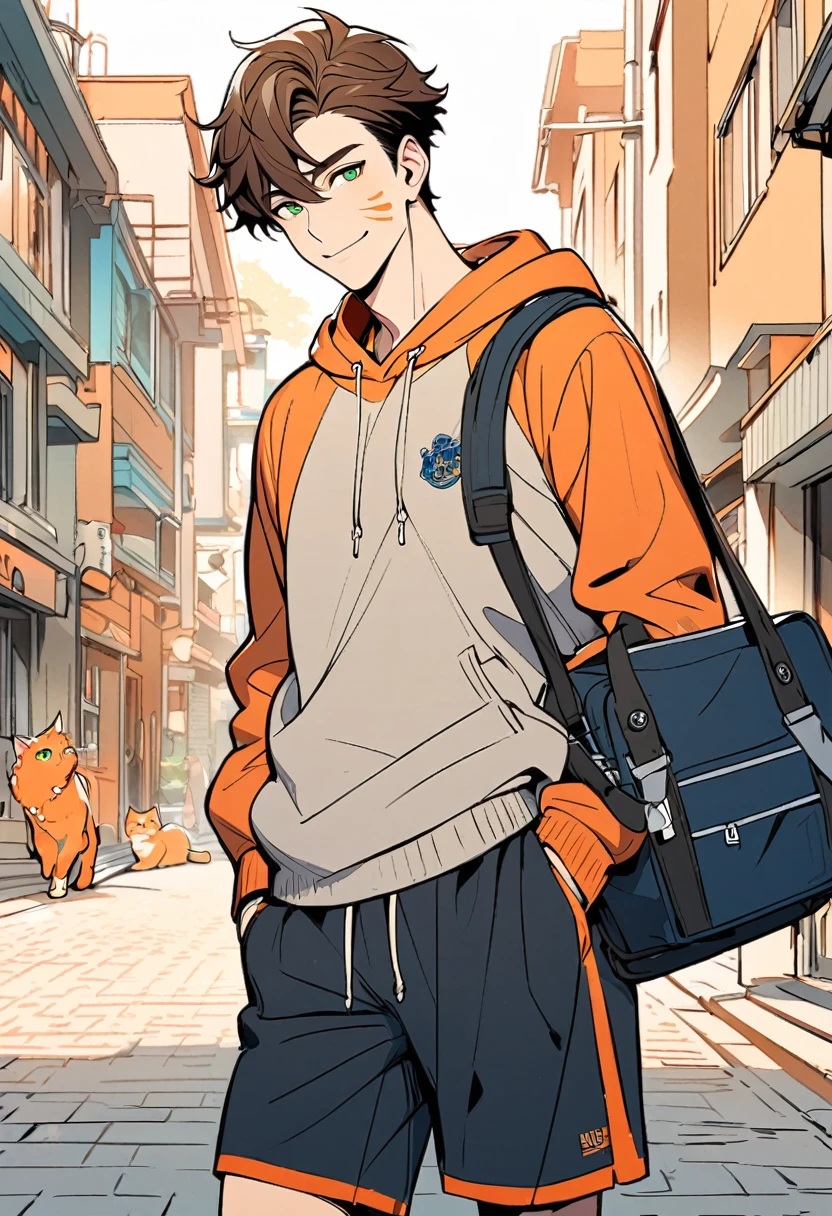 Handsome, solo, 1 male, short hair, 1man, orange hoodie, hand in pocket, school bag, brown hair, green eyes, street, lineart, orange cat, basketball shorts, smile facial