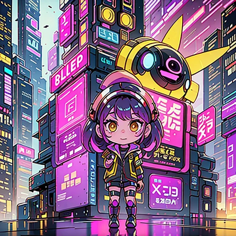 （（（vue de côté）））Gros plan latéral，un gros plan d&#39;un robot avec une tête brillante et un fond violet, cybermécanique, in style of bip, pikachu cyberpunk, style hybrid mix of bip, 3 d render bip, joli robot épique élaboré, bip masterpiece, style artistique cyberpunk, robot jaune, bip!!, cyber steampunk 8k 3j（（（avenir）））（Angle de vue du téléobjectif）（basculement）