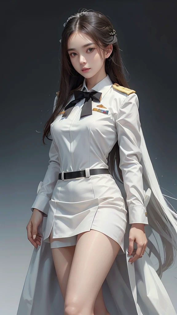 belle fille aux cheveux longs, (costume blanc), (Tout blanc), (chemise blanche), (Exhiber une cravate noire), (Insigne de grade militaire), (Jupe courte blanche), (Publications dynamiques), tout le corps, (Gros seins, petite taille, mince, petites cuisses)