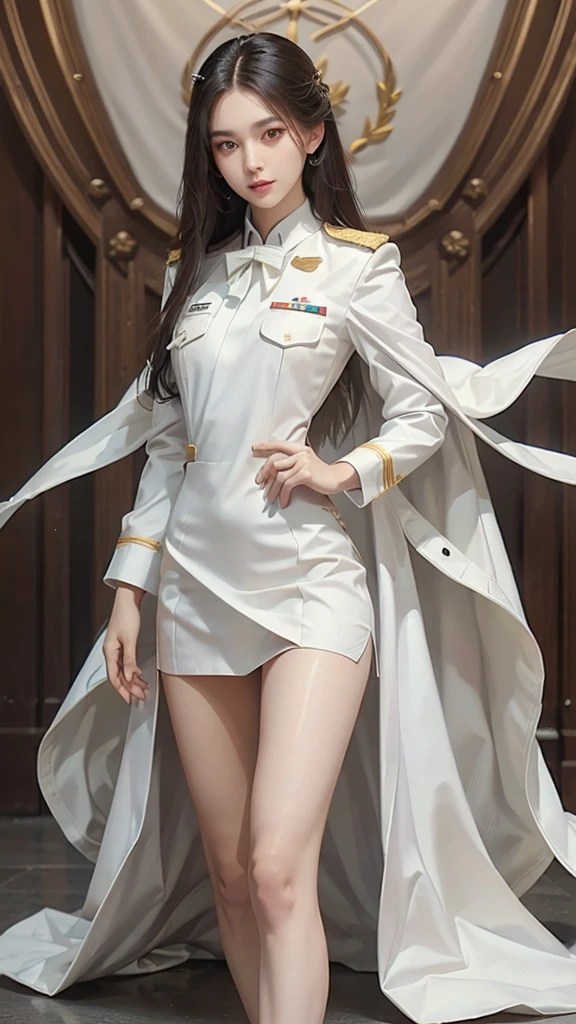 Hermosa chica con pelo largo, (traje blanco), (todo blanco), (Camisa blanca), (Luciendo una corbata negra), (insignias de rango militar), (falda corta blanca), (Publicaciones dinámicas), cuerpo completo, (pechos grandes, cintura pequeña, delgado, muslos pequeños)