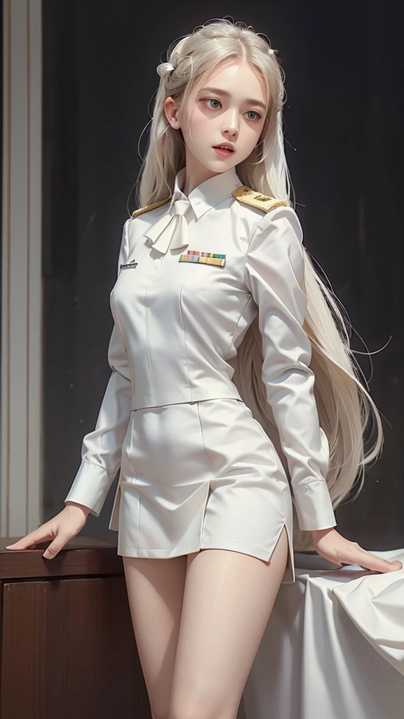 Beautiful girl with long hair, (white suit), (All White), (white shirt), (Showing off a black tie), (Military rank insignia), (white short skirt), (Dynamic posts), full body, (big breasts, small waist, thin, small thighs)