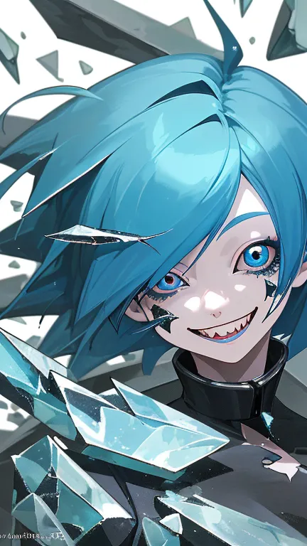 The image features a digital illustration of a close-up of a female anime character with blue hair and a creepy smile. Her teeth...