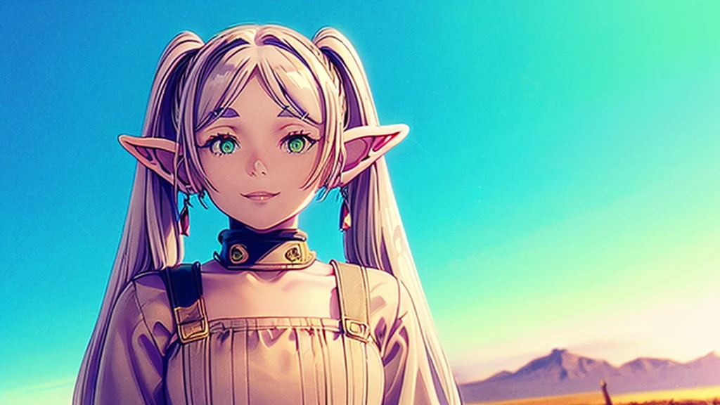 ((highest quality, super detailed woman:1.3)),(White hair,elfs ears,green eyes,shining eyes,small,small Rounded eyebrows ,long twin tail:1.2),(landscape photography:1.1), (highly detailed background:1.2),(cowboy shot:1.2),smile,(1 girl,Solo:1.3)