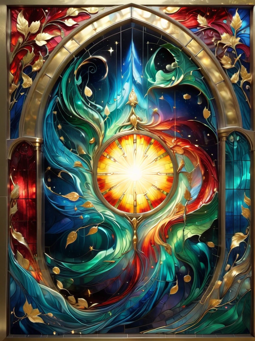 (Gold Leaf Art:1.5), An intricately designed stained glass window, vibrant with hues of reds, blues, yellows, and greens, that brings to life religious iconography, The window is awash in soft streams of golden sunlight, creating an ethereal aura around it, The composition's beauty is further heightened by the appearance of digital painting and the meticulously detailed brushwork.