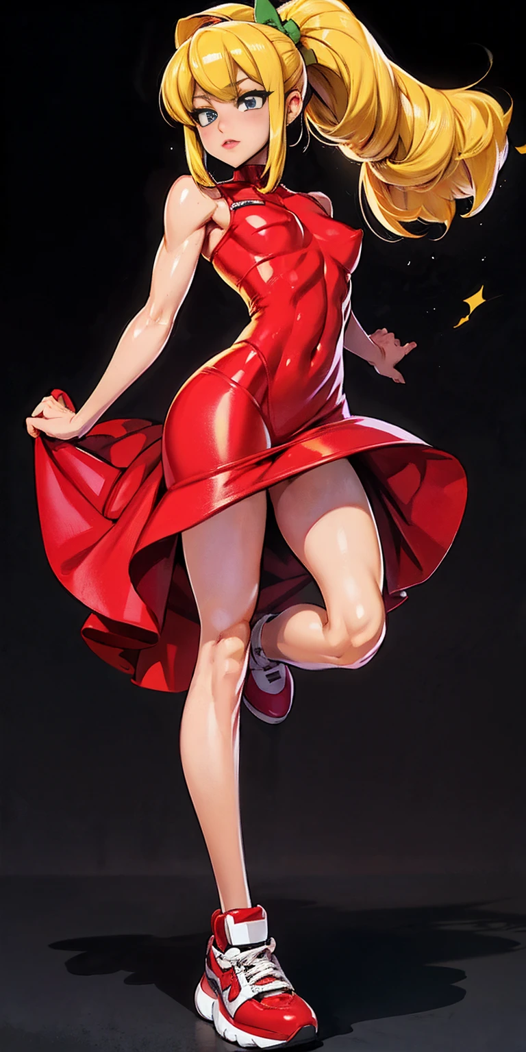 Generate an illustration of a mature Roll, gym leader of megaman , (red dress), hd, holding  all,  de terno preto, long blonde hair, long ponytail, hair bangs, fringes, shiny hair, (small breasts:1.2), black top, buttons, outfit in anime format with a serious style, sneakers, make up, masterpiece, dark lighting, black background, puffy lips,(slendered abs), beautiful face,