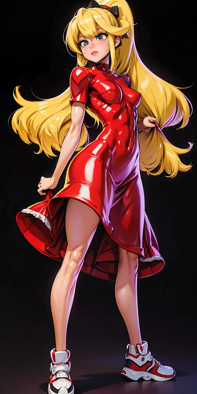 Generate an illustration of a mature Roll, gym leader of megaman , (red dress), hd, holding  all,  de terno preto, long blonde hair, long ponytail, hair bangs, fringes, shiny hair, (small breasts:1.2), black top, buttons, outfit in anime format with a serious style, sneakers, make up, masterpiece, dark lighting, black background, puffy lips,(slendered abs), beautiful face,