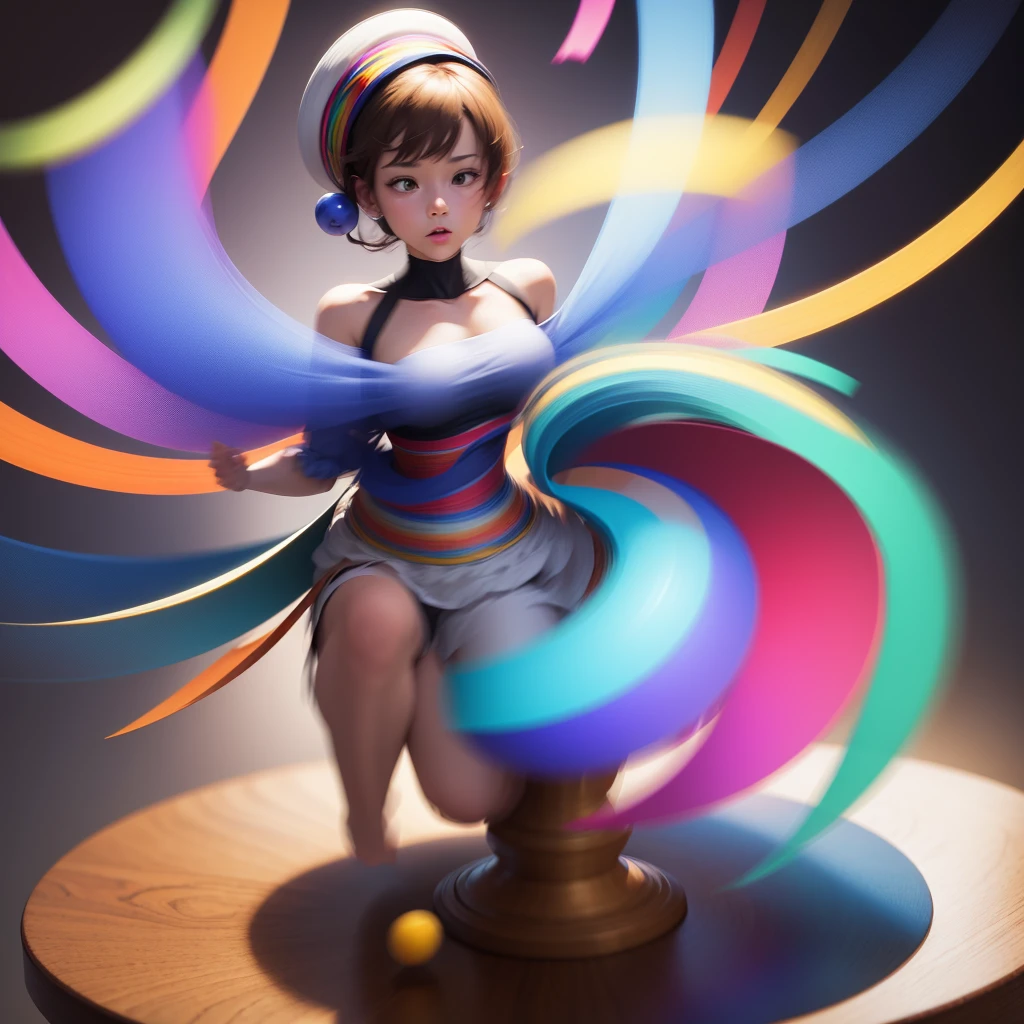 (Motion Blur) A spinning top twirls on a table, the many colorful shapes on it seem to blend together in the motion blur