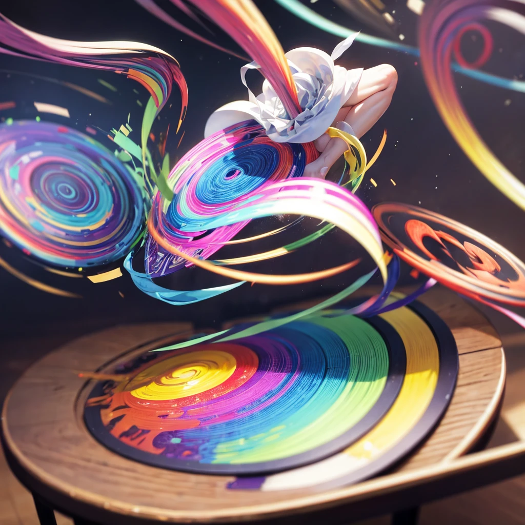 (Motion Blur) A spinning top twirls on a table, the many colorful shapes on it seem to blend together in the motion blur