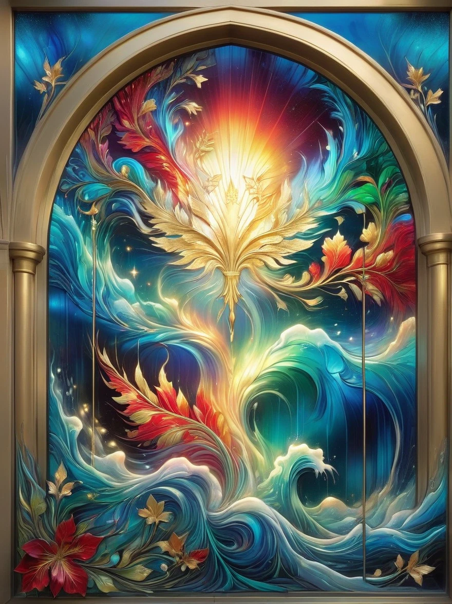 (Gold Leaf Art:1.5), An intricately designed stained glass window, vibrant with hues of reds, blues, yellows, and greens, that brings to life religious iconography, The window is awash in soft streams of golden sunlight, creating an ethereal aura around it, The composition's beauty is further heightened by the appearance of digital painting and the meticulously detailed brushwork.