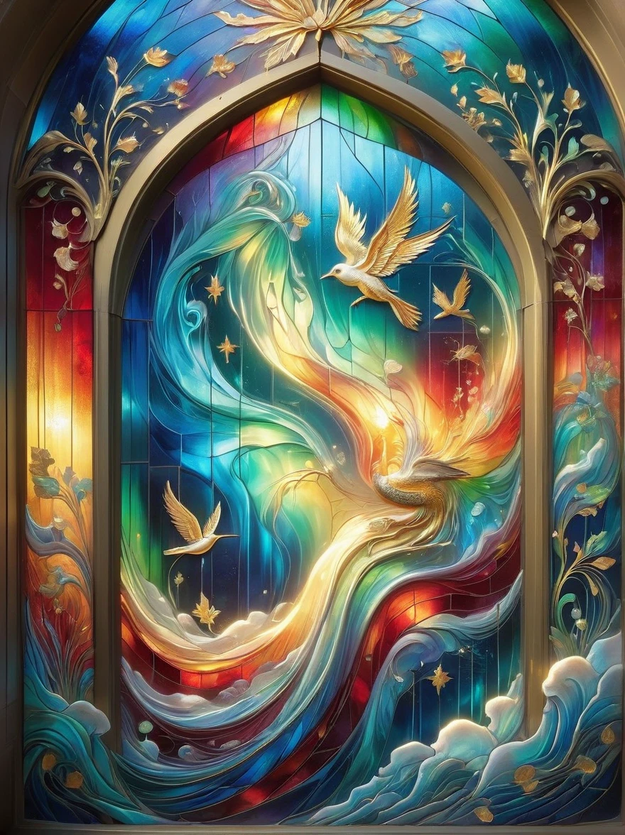 (Gold Leaf Art:1.5), An intricately designed stained glass window, vibrant with hues of reds, blues, yellows, and greens, that brings to life religious iconography, The window is awash in soft streams of golden sunlight, creating an ethereal aura around it, The composition's beauty is further heightened by the appearance of digital painting and the meticulously detailed brushwork.