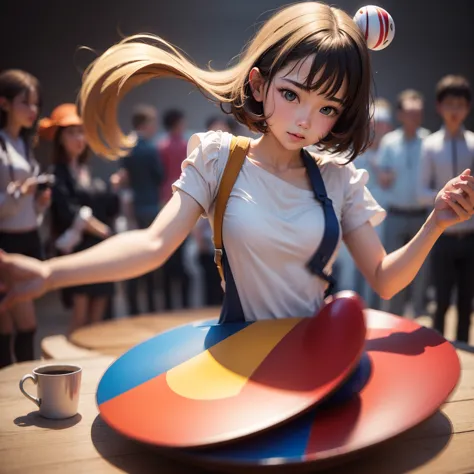 (motion blur) a spinning top twirls on a table, the many colorful shapes on it seem to blend together in the motion blur