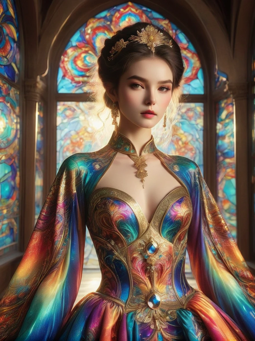 Une photo d&#39;une robe exquise，Son design est influencé par l&#39;art du verre doré aux couleurs vives et aux motifs riches..，Cette robe a un spectre de lustre，La richesse des vitraux de la cathédrale、Teinte dorée profonde。Cette fusion créative de la mode et de l&#39;art，Un kaléidoscope de couleurs dorées coule sur le tissu，Donne aux gens une sorte de lumière qui brille à travers le verre plaqué or。La robe a été portée par un autre groupe de mannequins，Chaque modèle met en valeur la beauté et le caractère unique de la robe。