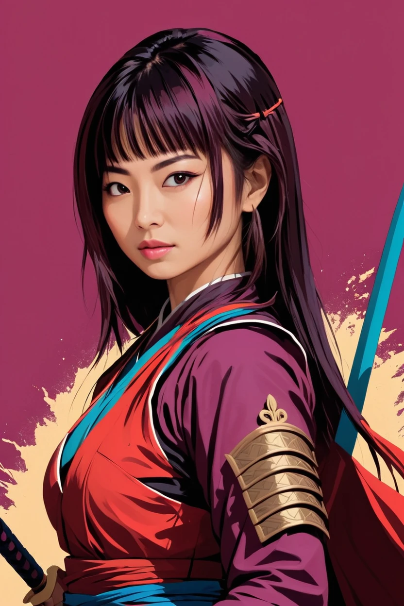 Mulher guerreira japonesa, arte digital, linhas em negrito, vibrante, cores saturadas 